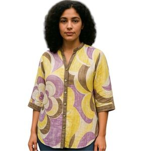 Basler Black Label Sz 8 Purple Yellow Silk-Cotton Oversized Blouse